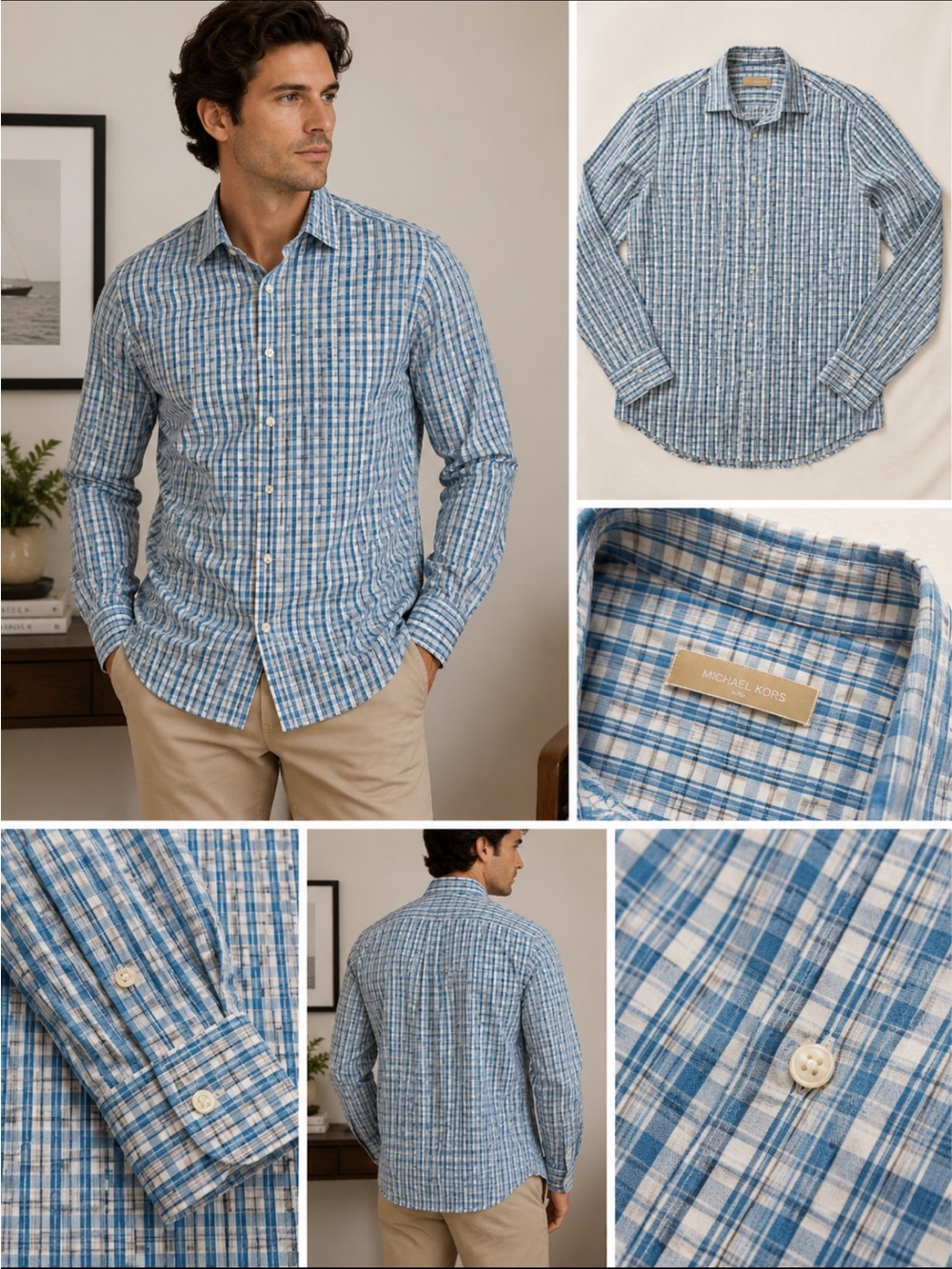 Michael Kors Men's Blue and White Check Button-Down Shirt